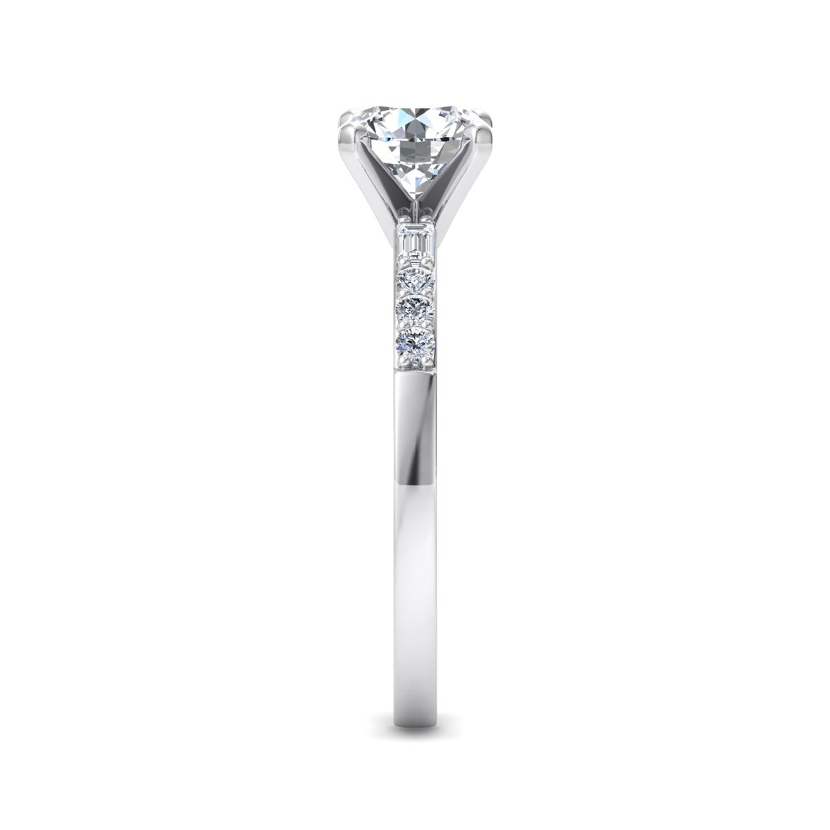 Vessolo Side Stone Engagement Ring in white gold with a round center stone, side view