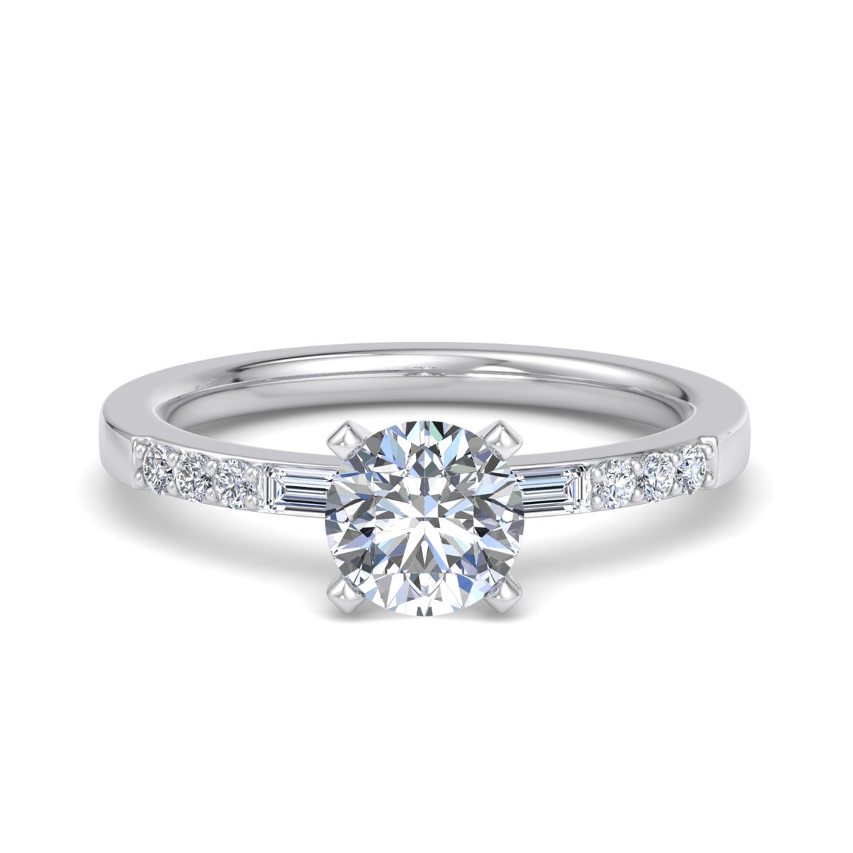 Vessolo Side Stone Engagement Ring in white gold with a round center stone, top view