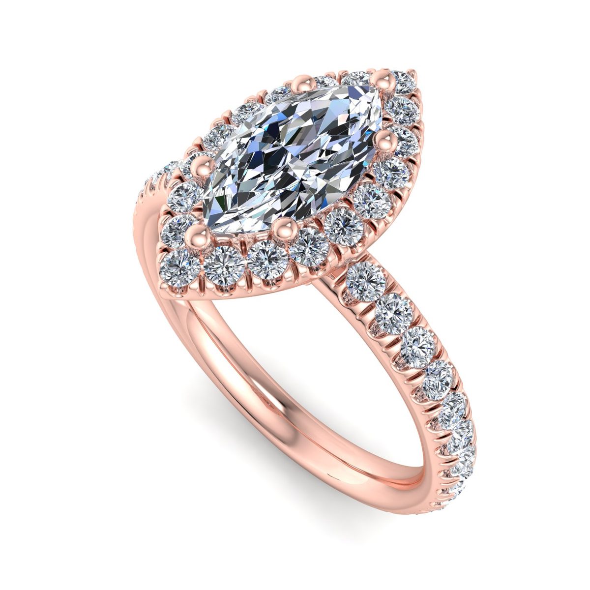 Halcyra Single Row Pave Halo Engagement Ring in rose gold with a marquise center stone, 3D view