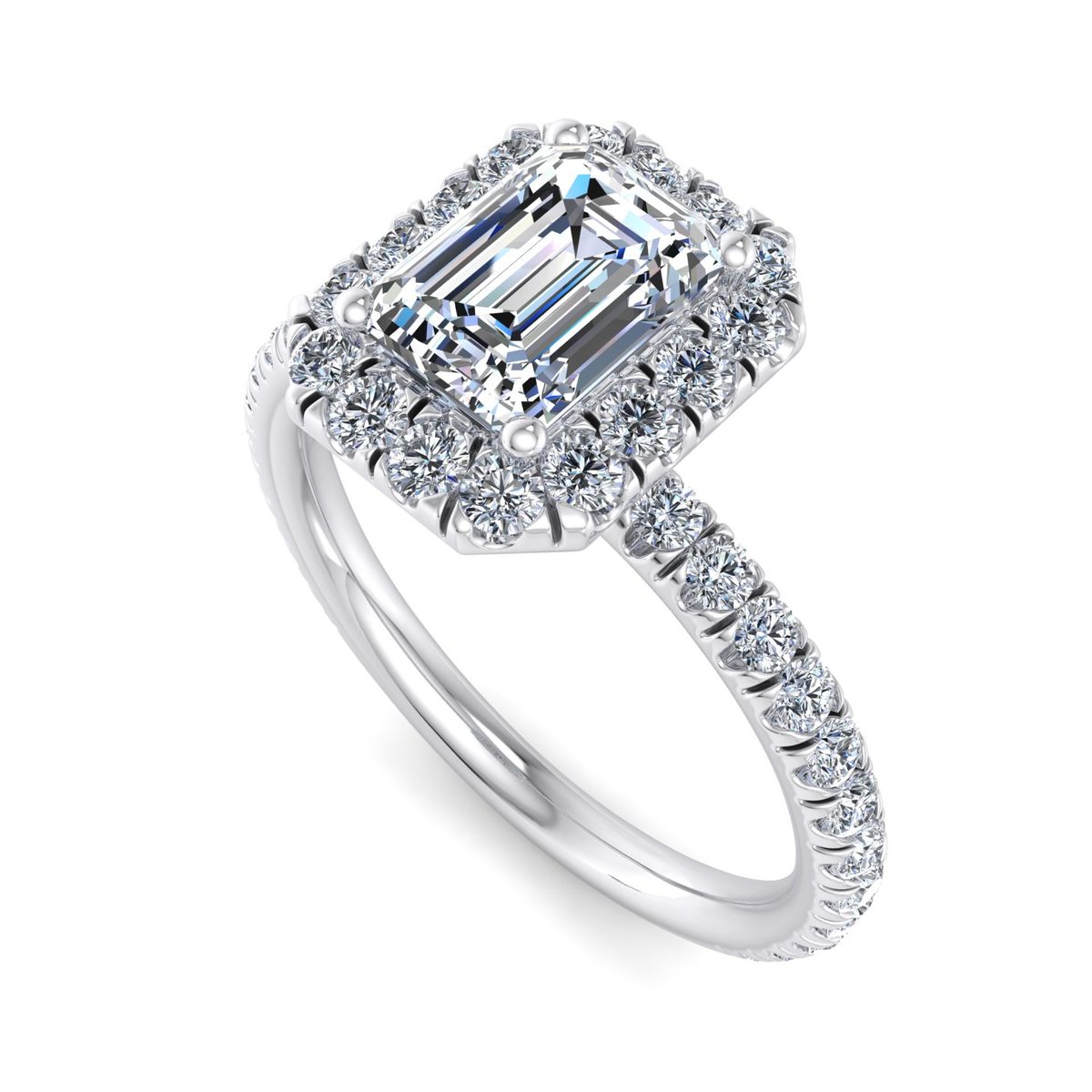 Halcyra Single Row Pave Halo Engagement Ring in white gold with an emerald center stone, 3D view