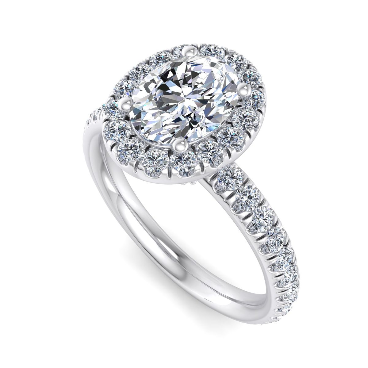 Halcyra Single Row Pave Halo Engagement Ring in white gold with an oval center stone, 3D view