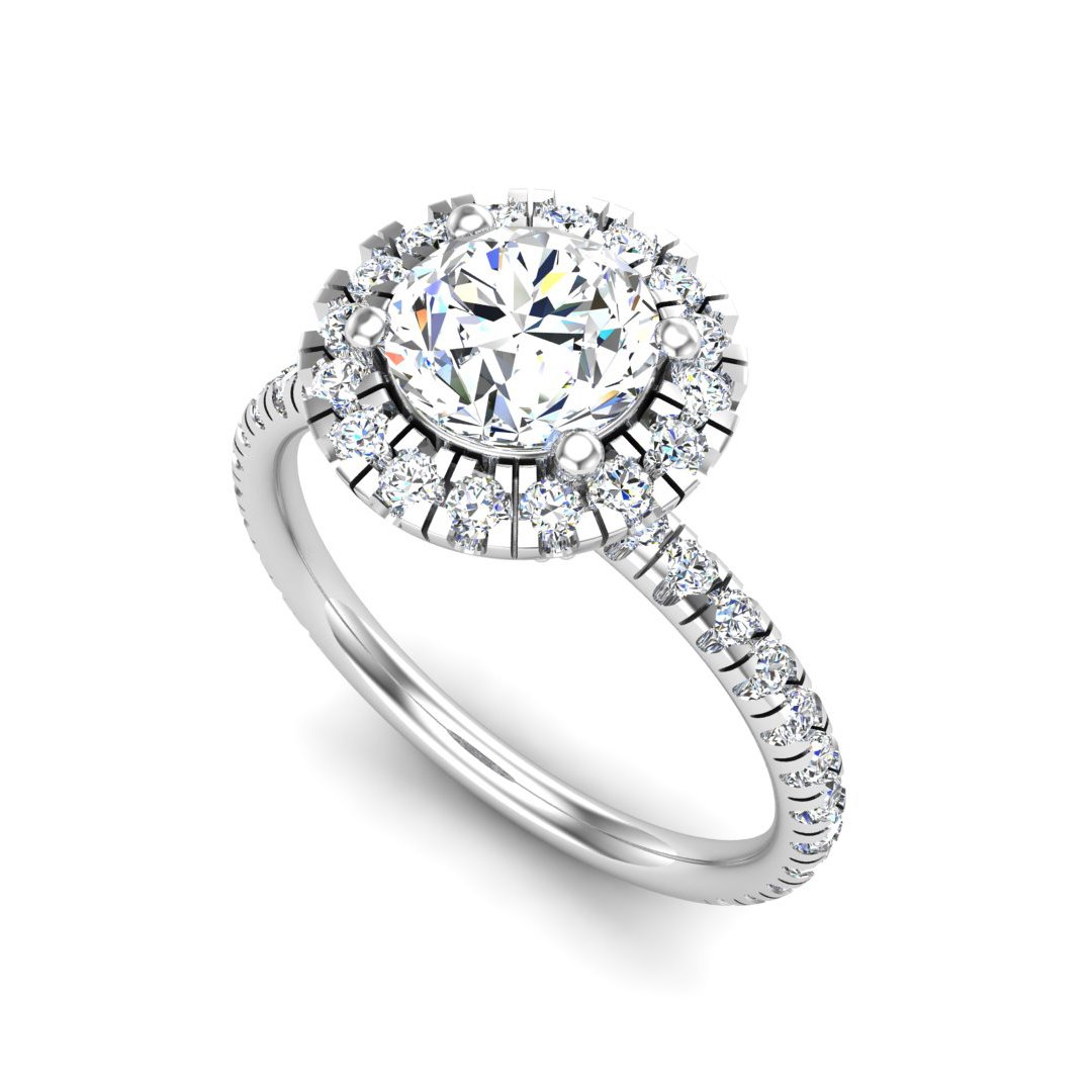 Halcyra Single Row Pave Halo Engagement Ring in white gold with a round center stone, 3D view