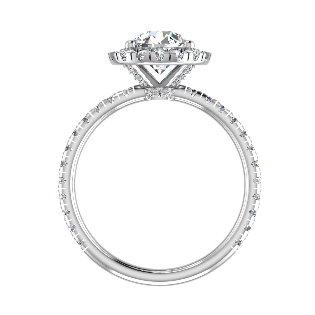 Halcyra Single Row Pave Halo Engagement Ring in white gold with a round center stone, front view