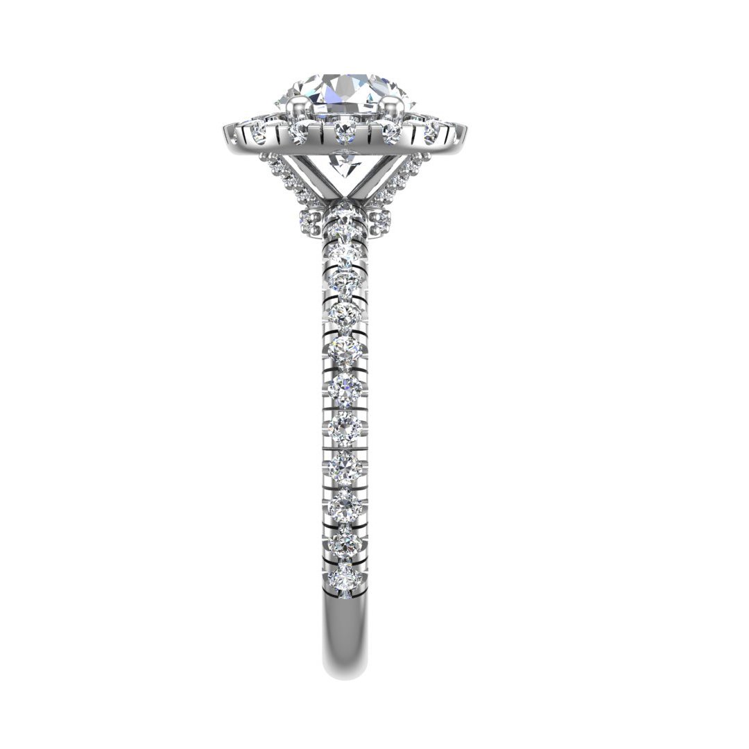 Halcyra Single Row Pave Halo Engagement Ring in white gold with a round center stone, side view