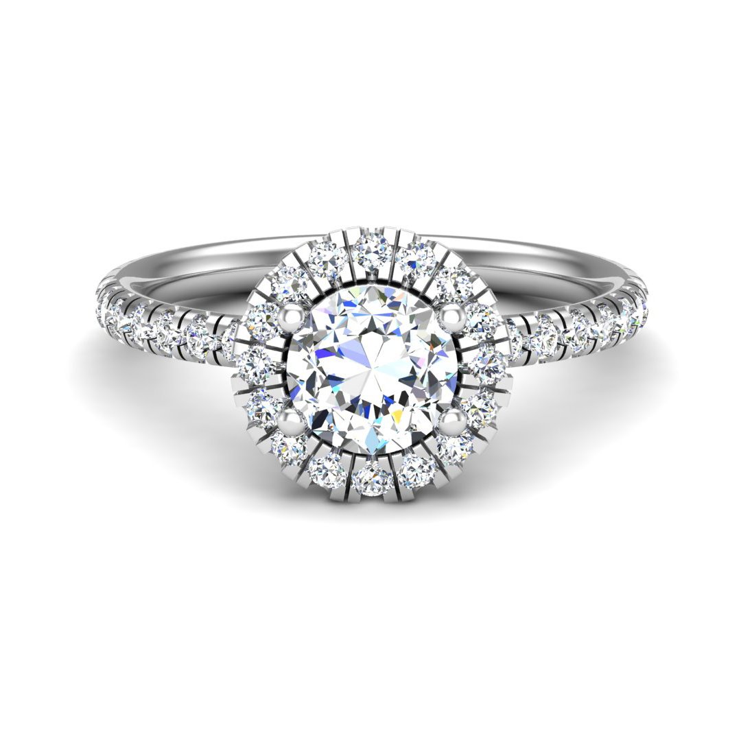 Halcyra Single Row Pave Halo Engagement Ring in white gold with a round center stone, top view