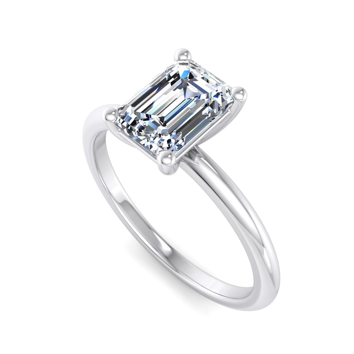 Lumarre Solitaire Engagement Ring in white gold with an emerald center stone, 3D view