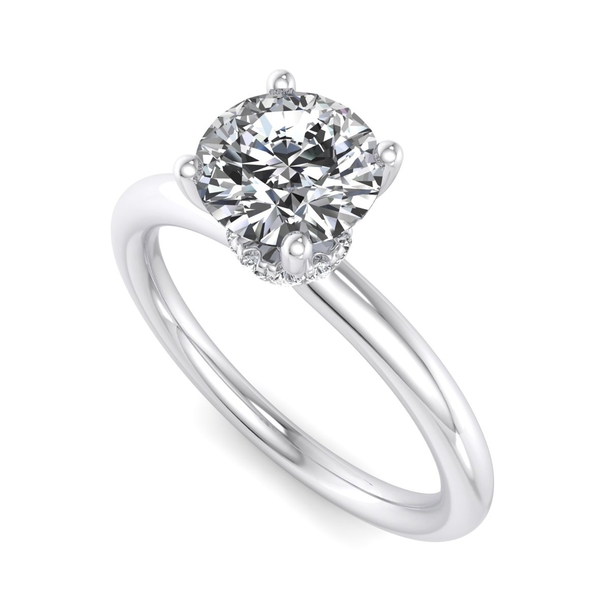 Dunmere Solitaire Engagement Ring in white gold with a round center stone, 3D view