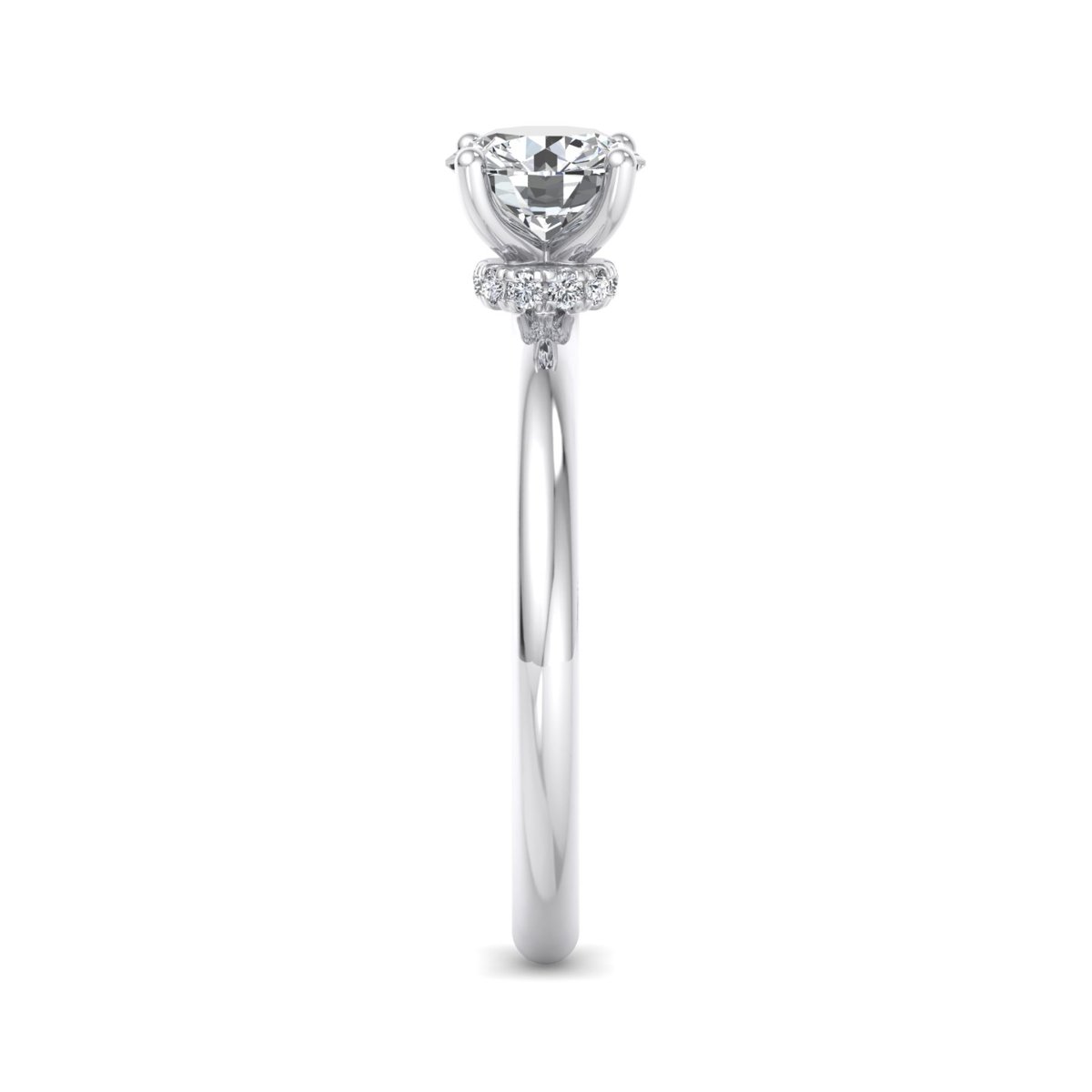 Dunmere Solitaire Engagement Ring in white gold with a round center stone, side view
