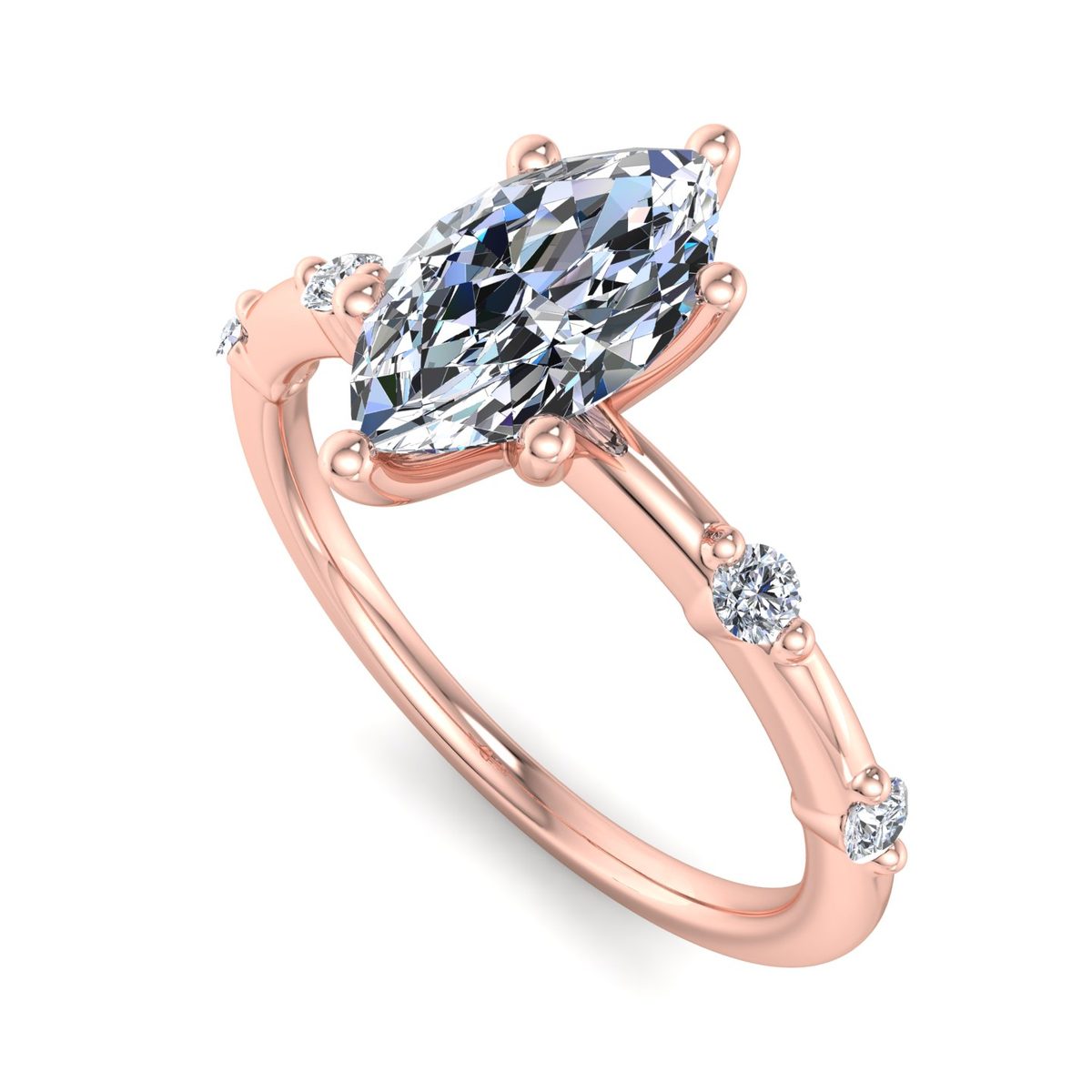 Quillara Solitaire Engagement Ring in rose gold with a marquise center stone, 3D view