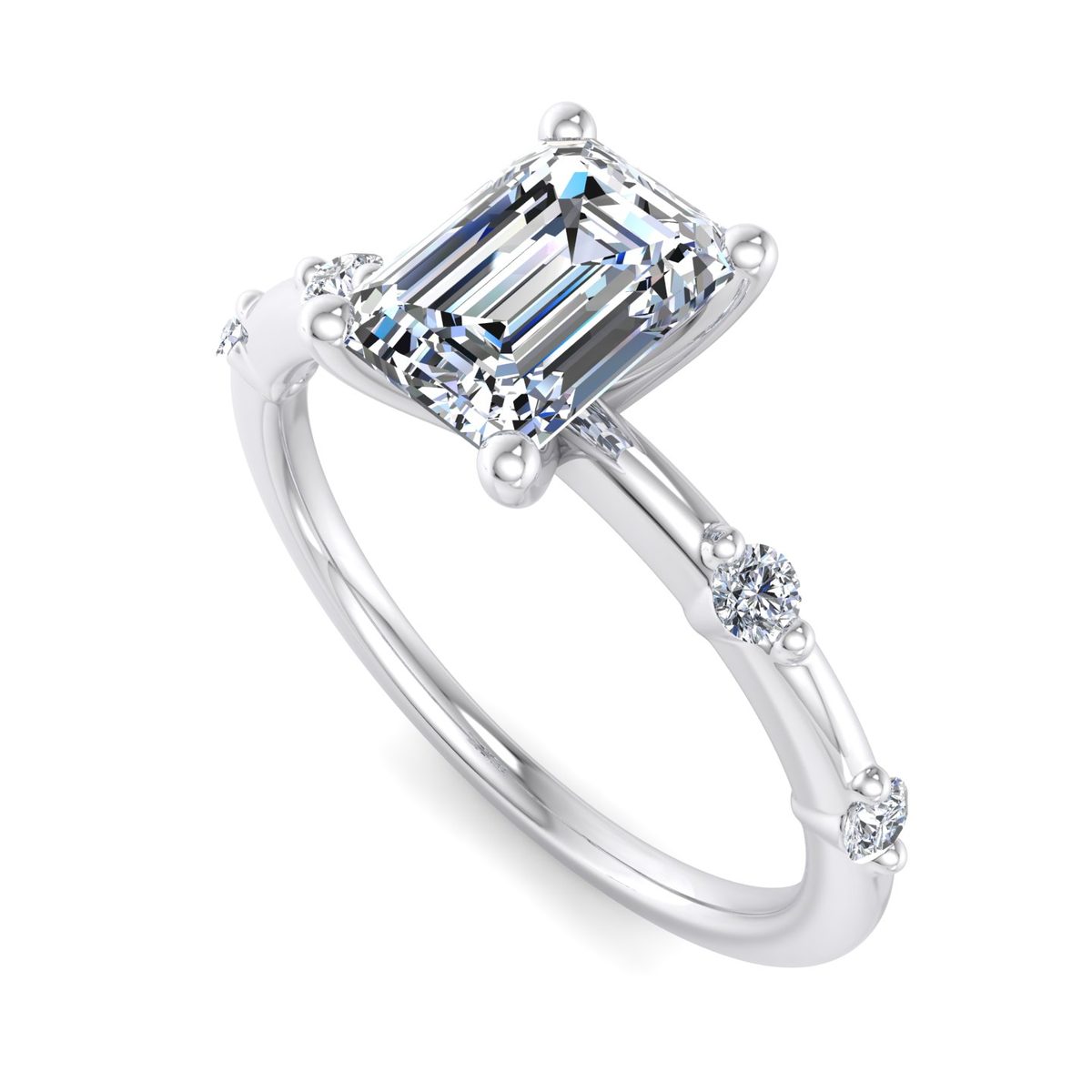 Quillara Solitaire Engagement Ring in white gold with an emerald center stone, 3D view
