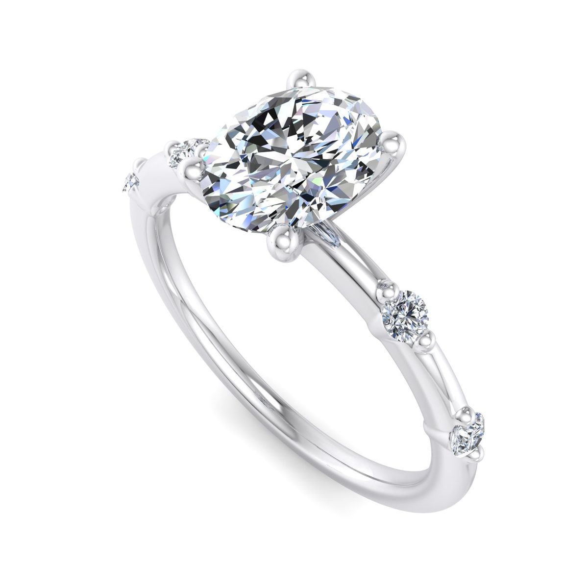 Quillara Solitaire Engagement Ring in white gold with an oval center stone, 3D view