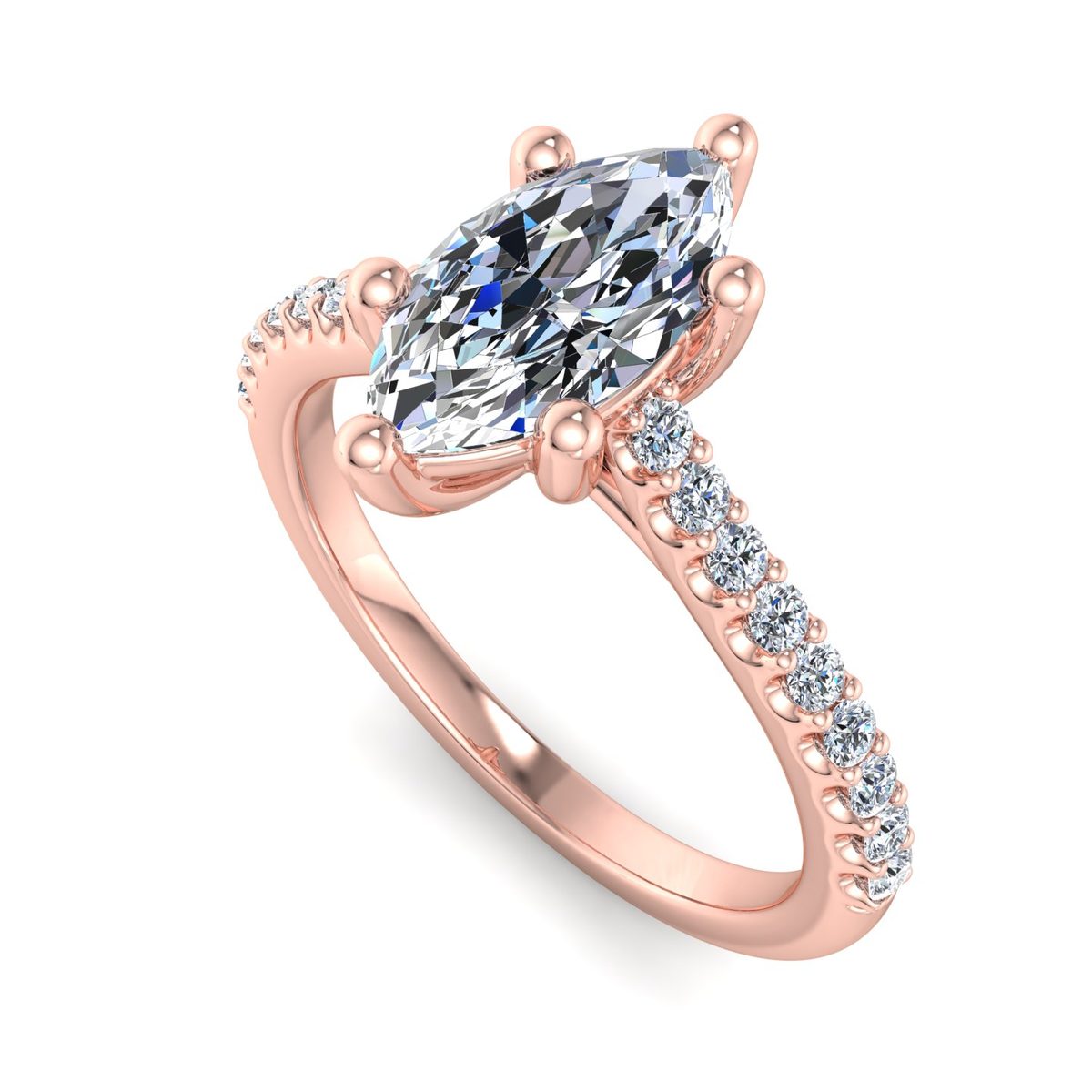 Thalric Pave Solitaire Engagement Ring in rose gold with a marquise center stone, 3D view