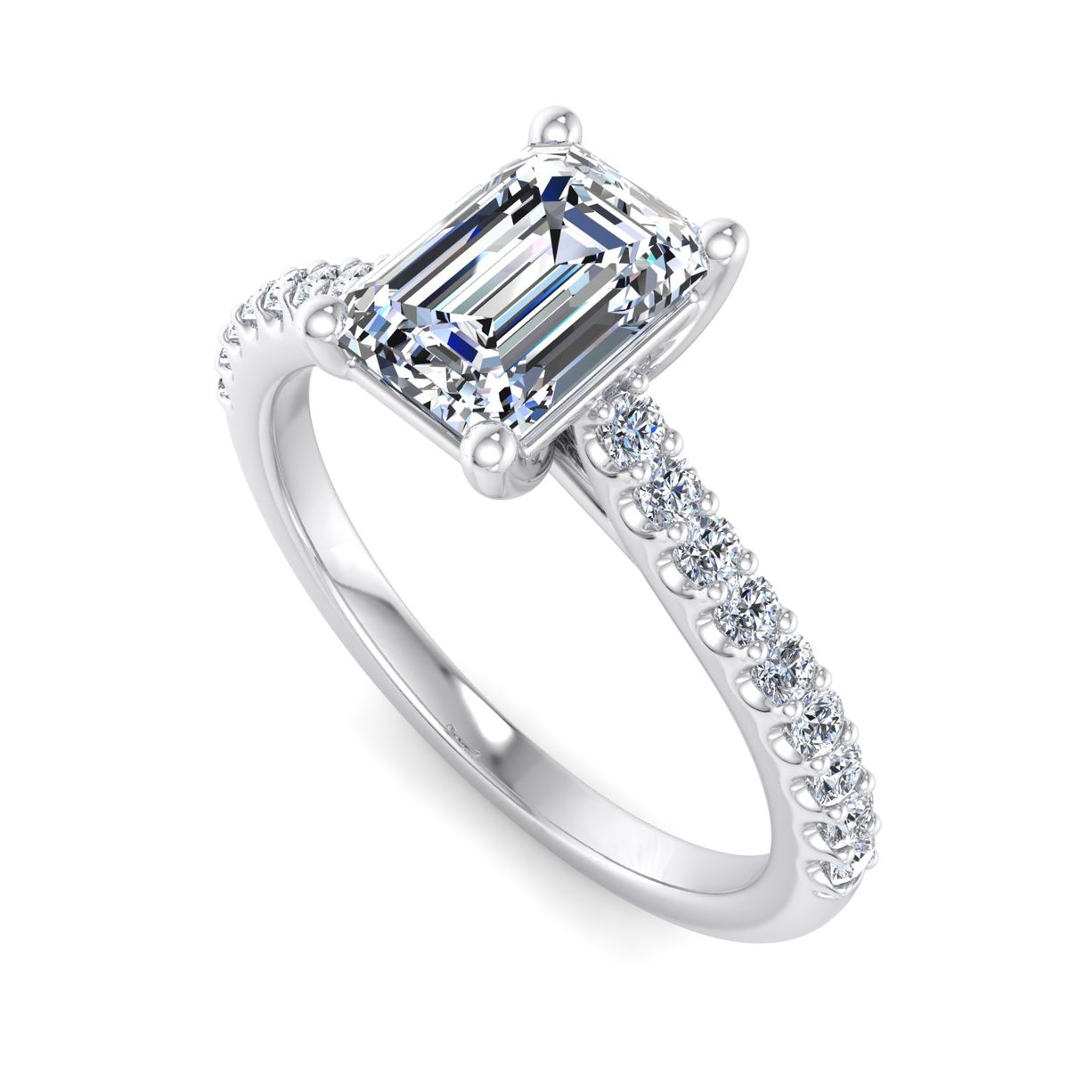Thalric Pave Solitaire Engagement Ring in white gold with an emerald center stone, 3D view