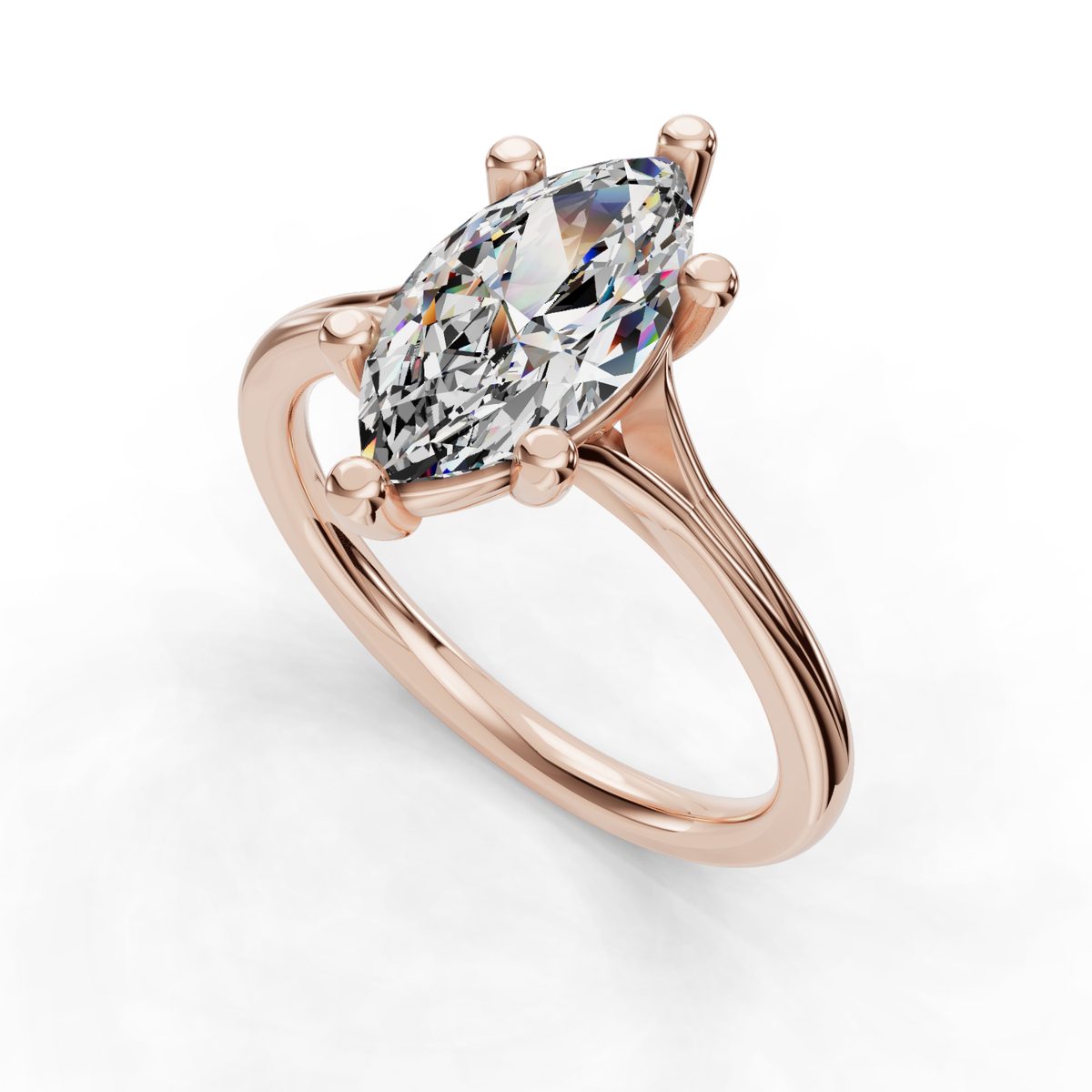 Xerine Split Shank Engagement Ring in rose gold with a marquise center stone, 3D view