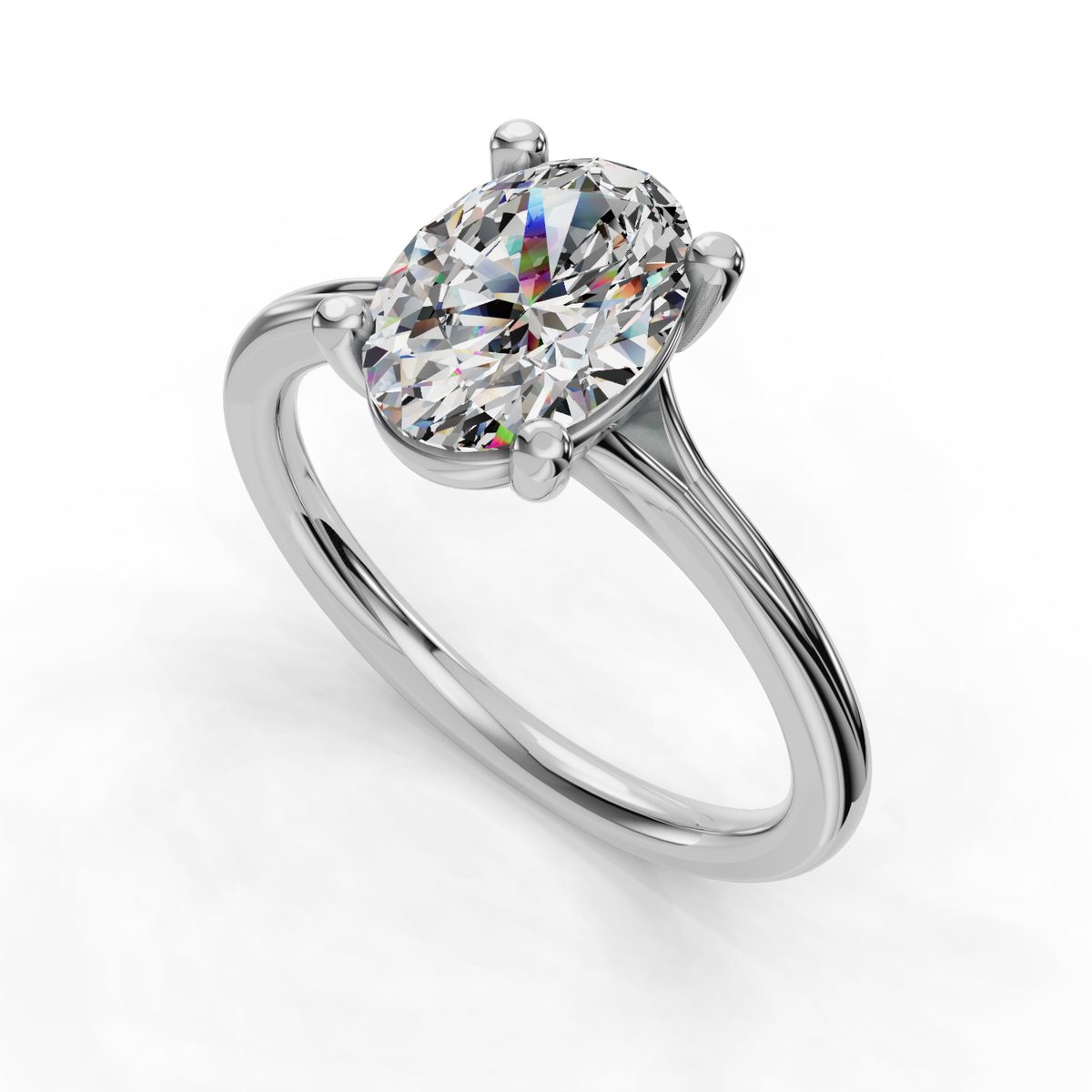 Xerine Split Shank Engagement Ring in white gold with an oval center stone, 3D view
