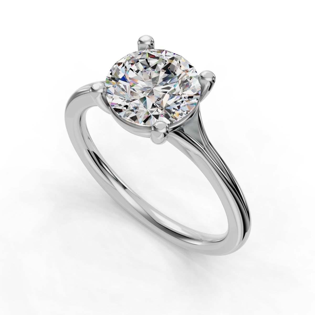 Xerine Split Shank Engagement Ring in white gold with a round center stone, 3D view