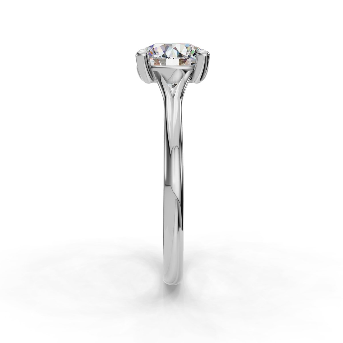 Xerine Split Shank Engagement Ring in white gold with a round center stone, side view