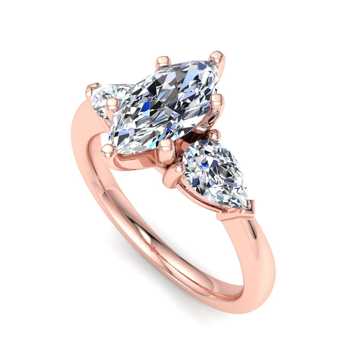 Wrenlow Three-Stone Engagement Ring in rose gold with a marquise center stone, 3D view