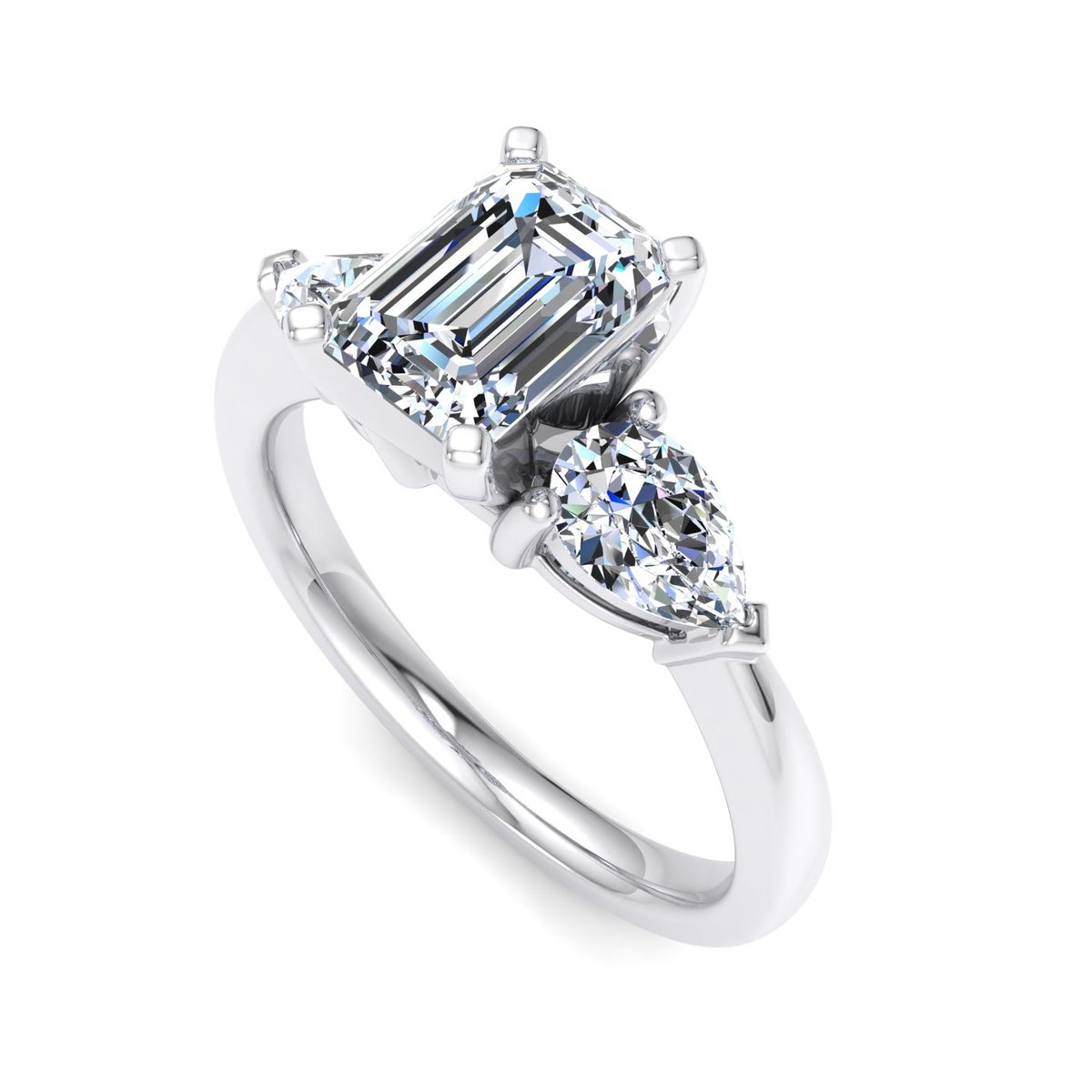 Wrenlow Three-Stone Engagement Ring in white gold with an emerald center stone, 3D view