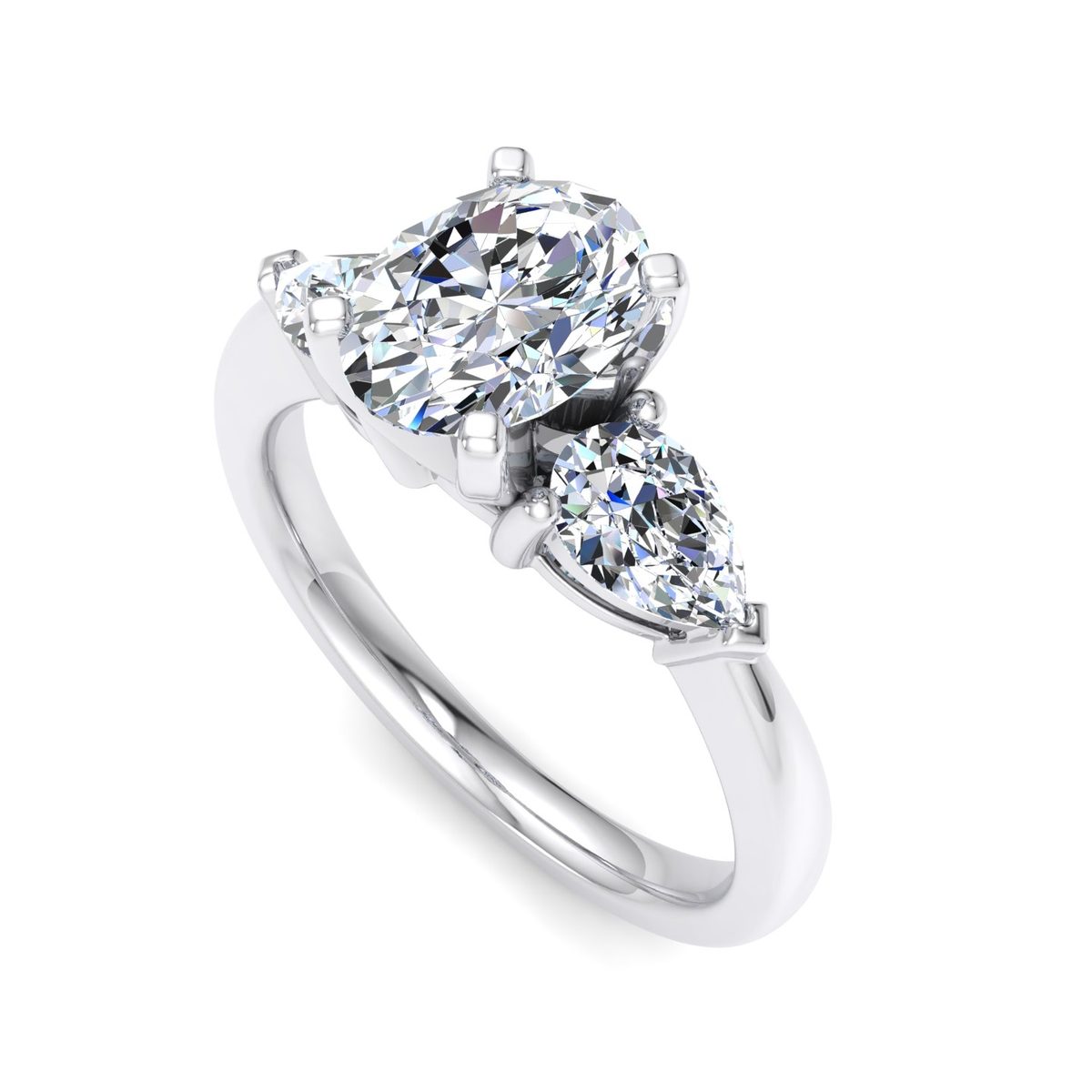 Wrenlow Three-Stone Engagement Ring in white gold with an oval center stone, 3D view