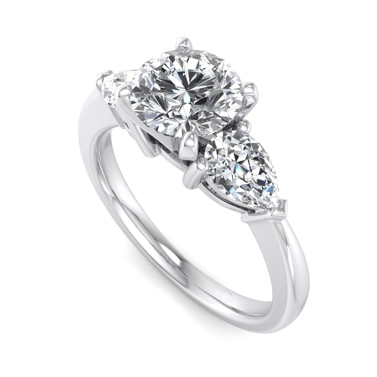 Wrenlow Three-Stone Engagement Ring in white gold with a round center stone, 3D view