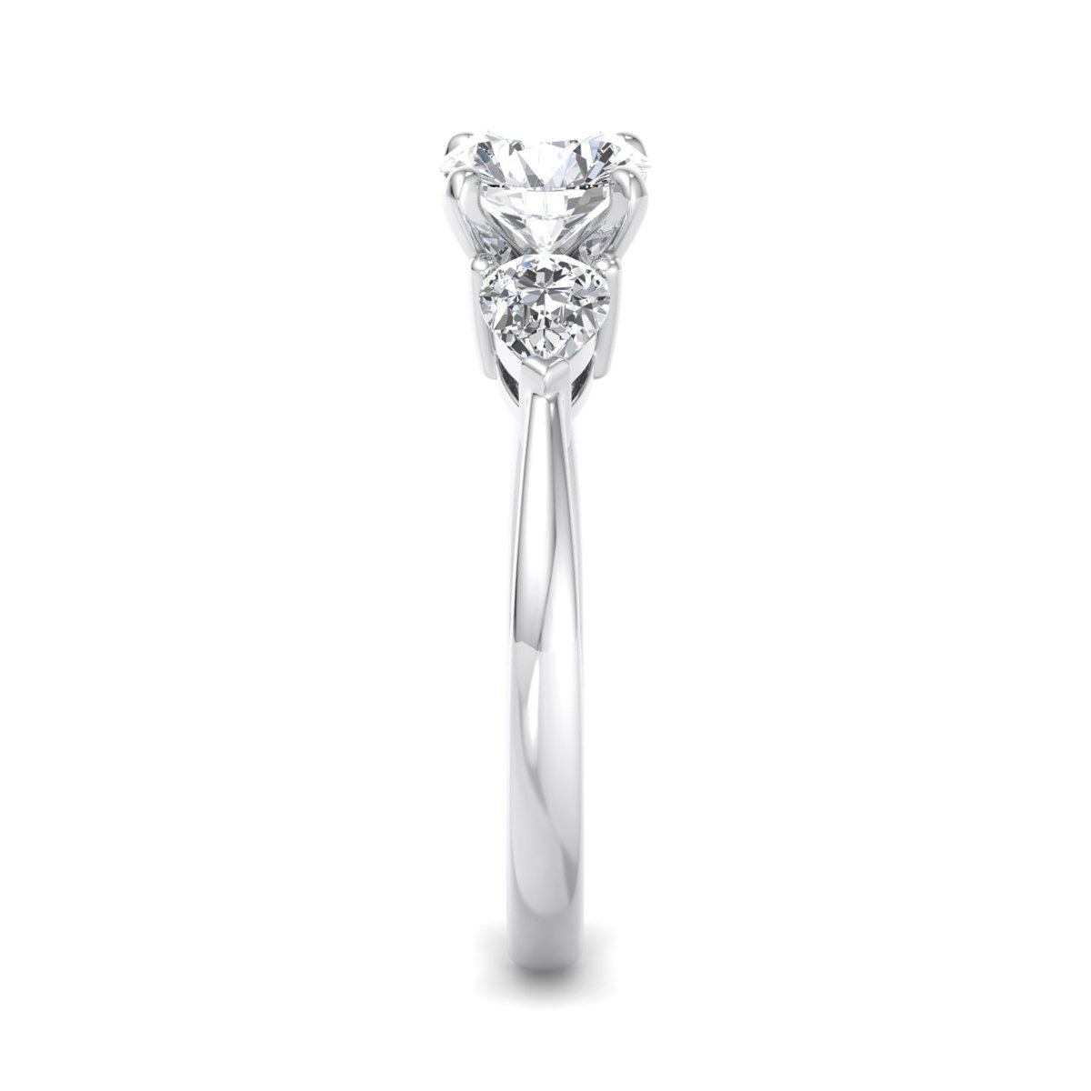 Wrenlow Three-Stone Engagement Ring in white gold with a round center stone, side view
