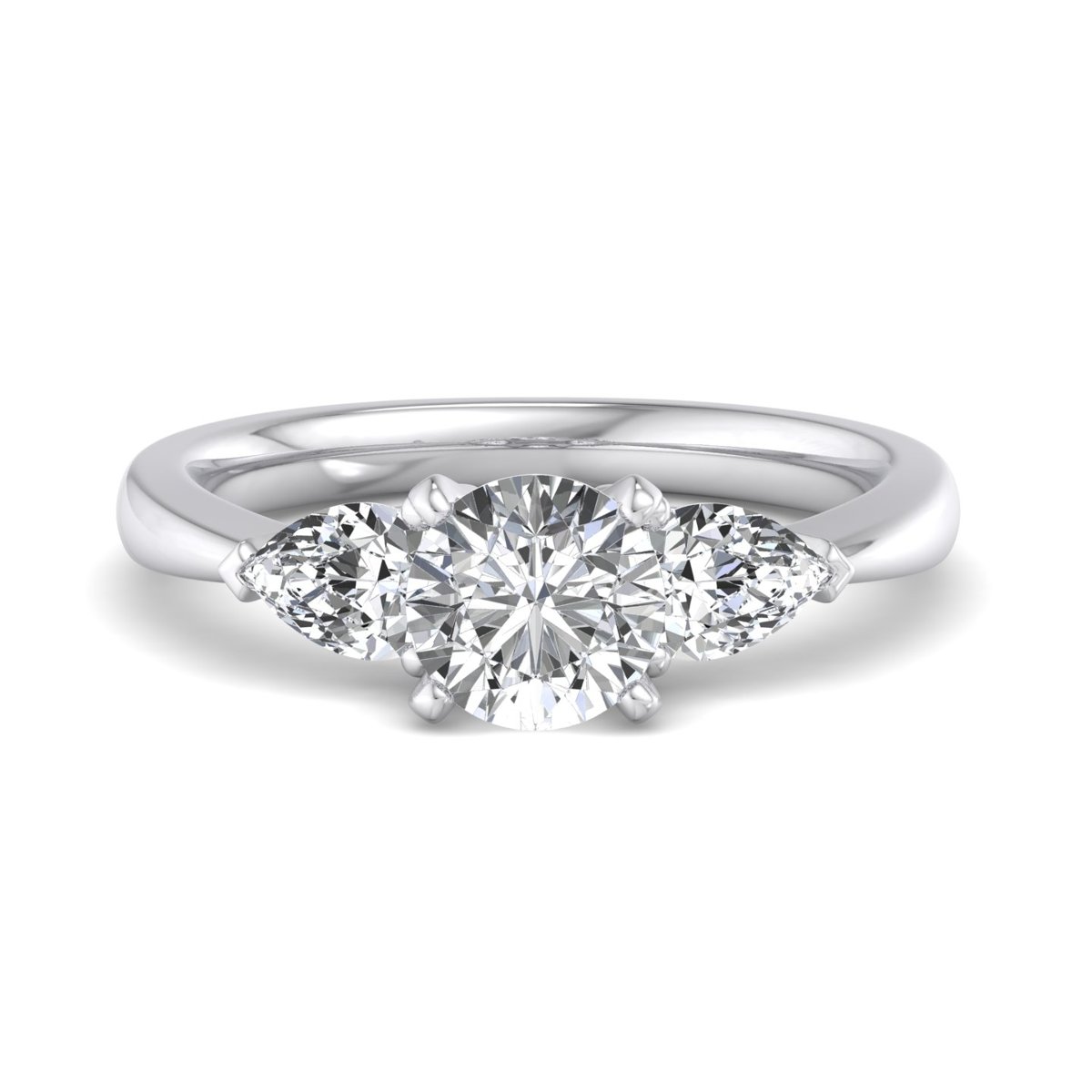 Wrenlow Three-Stone Engagement Ring in white gold with a round center stone, top view