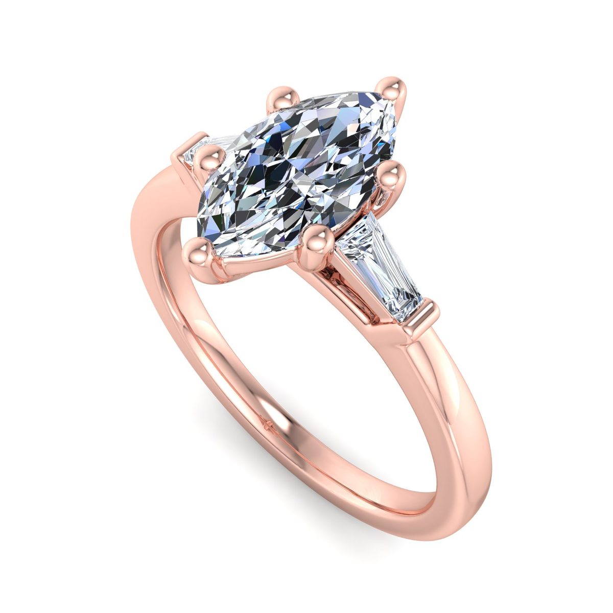 Joravel Three-Stone Engagement Ring in rose gold with a marquise center stone, 3D view