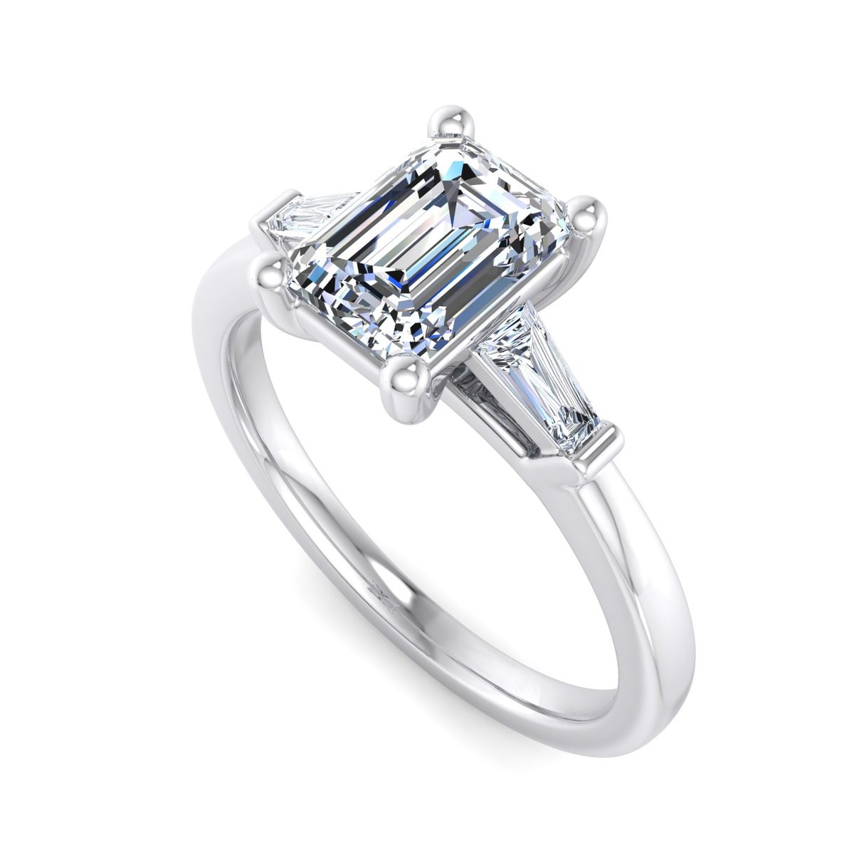 Joravel Three-Stone Engagement Ring in white gold with an emerald center stone, 3D view