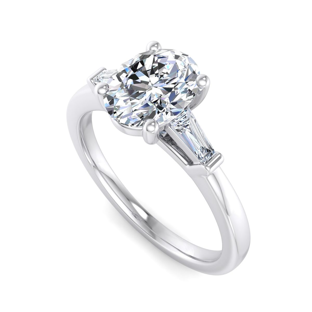 Joravel Three-Stone Engagement Ring in white gold with an oval center stone, 3D view