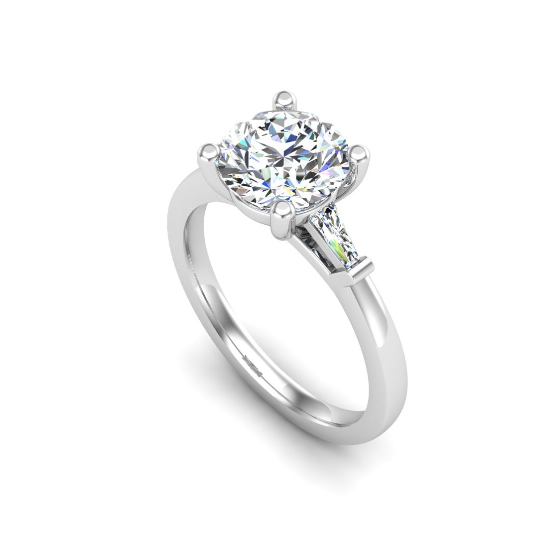 Joravel Three-Stone Engagement Ring in white gold with a round center stone, 3D view