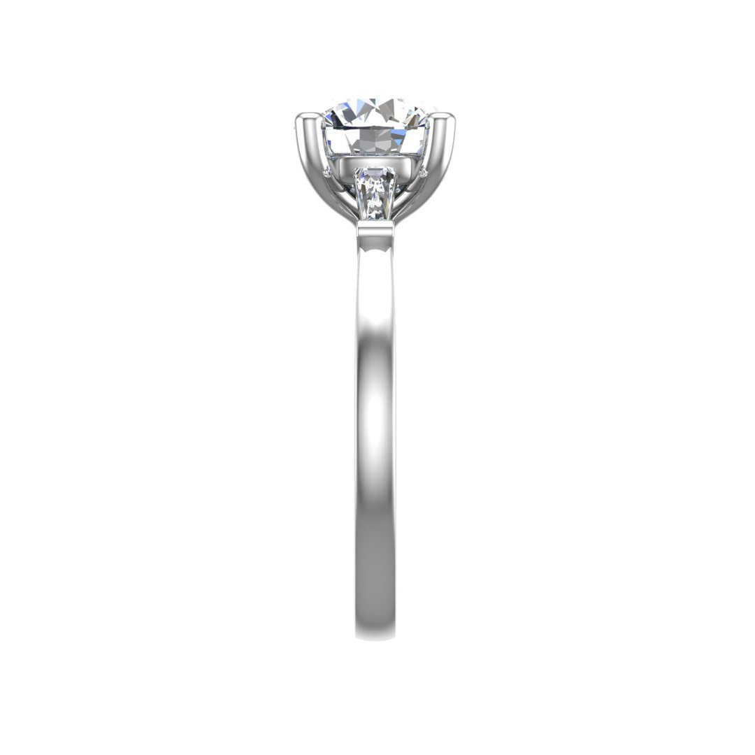 Joravel Three-Stone Engagement Ring in white gold with a round center stone, side view