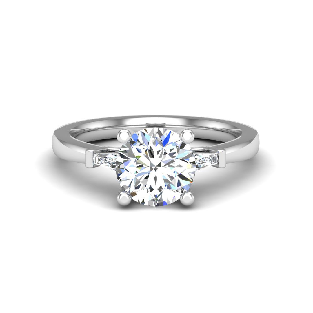 Joravel Three-Stone Engagement Ring in white gold with a round center stone, top view