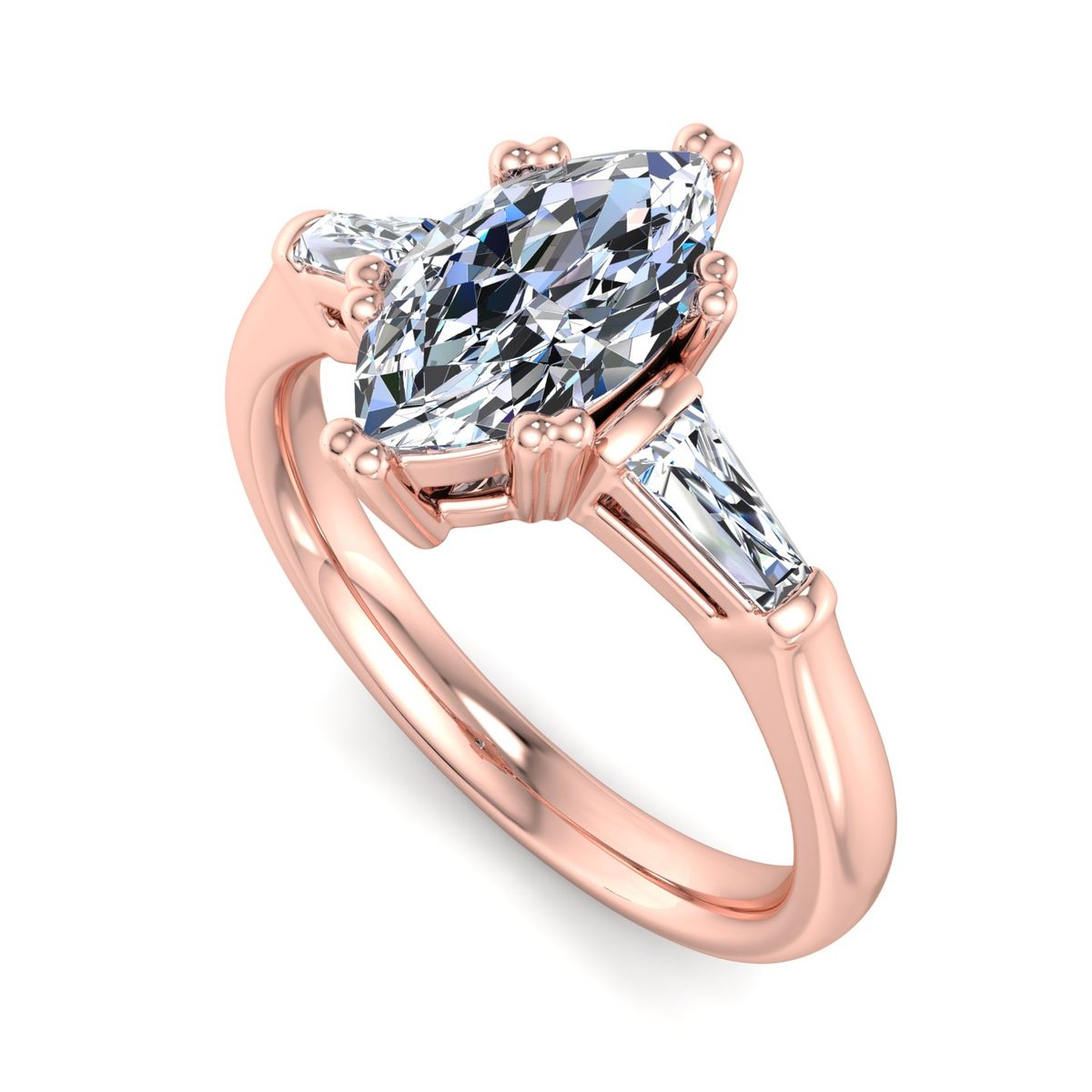 Pelmere Three-Stone Engagement Ring in rose gold with a marquise center stone, 3D view
