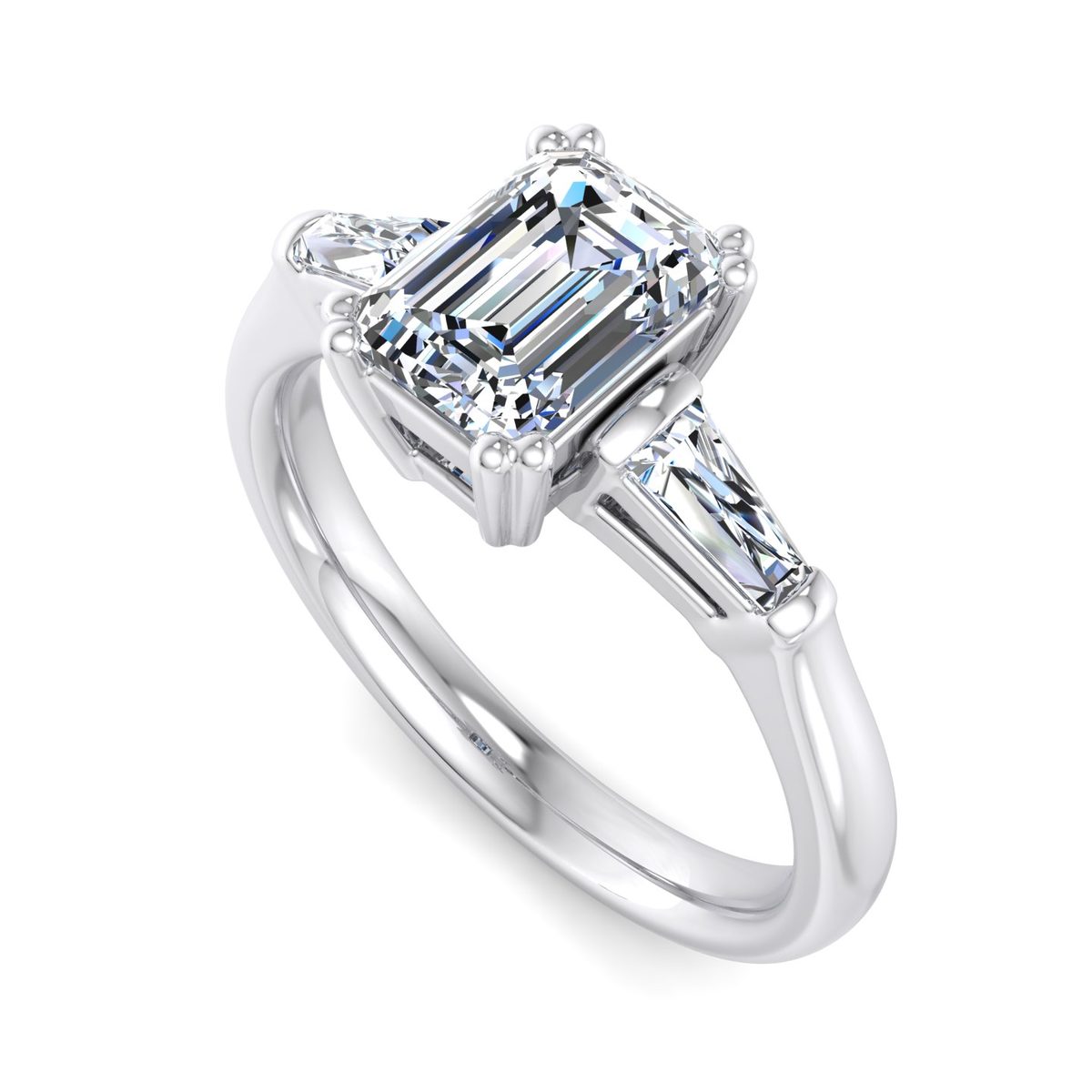 Pelmere Three-Stone Engagement Ring in white gold with an emerald center stone, 3D view