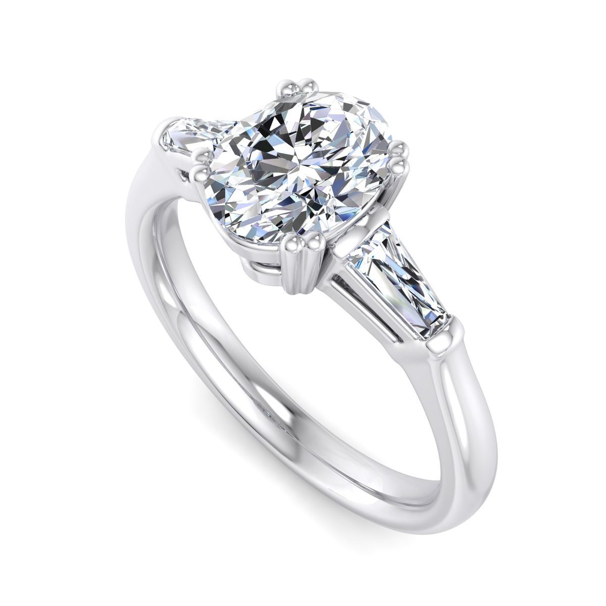 Pelmere Three-Stone Engagement Ring in white gold with an oval center stone, 3D view