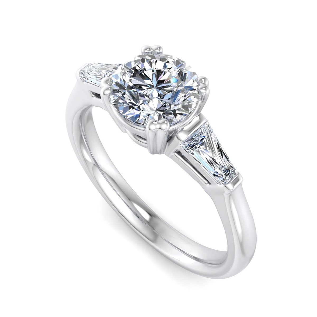 Pelmere Three-Stone Engagement Ring in white gold with a round center stone, 3D view