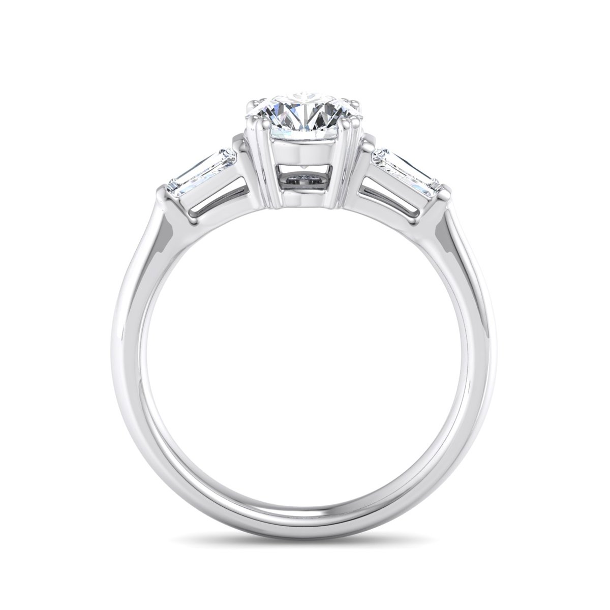Pelmere Three-Stone Engagement Ring in white gold with a round center stone, front view