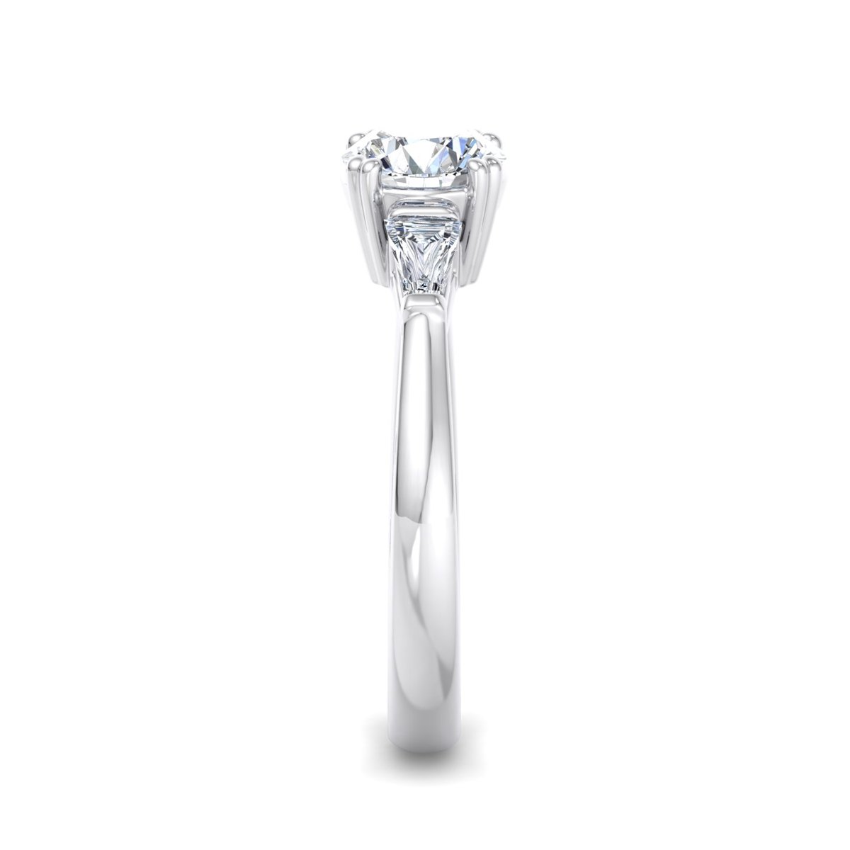 Pelmere Three-Stone Engagement Ring in white gold with a round center stone, side view