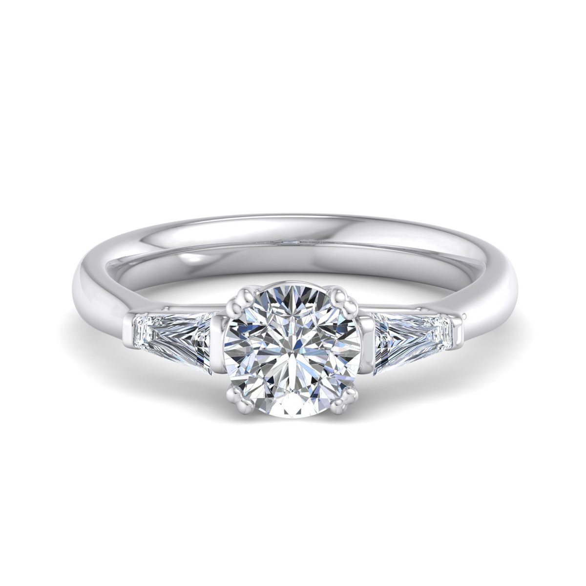 Pelmere Three-Stone Engagement Ring in white gold with a round center stone, top view