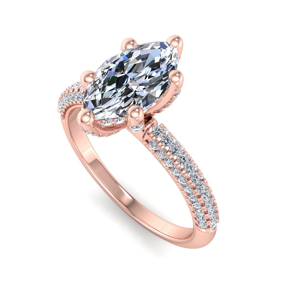 Tavrenne Triple Pave Hidden Halo Engagement Ring in rose gold with a marquise center stone, 3D view