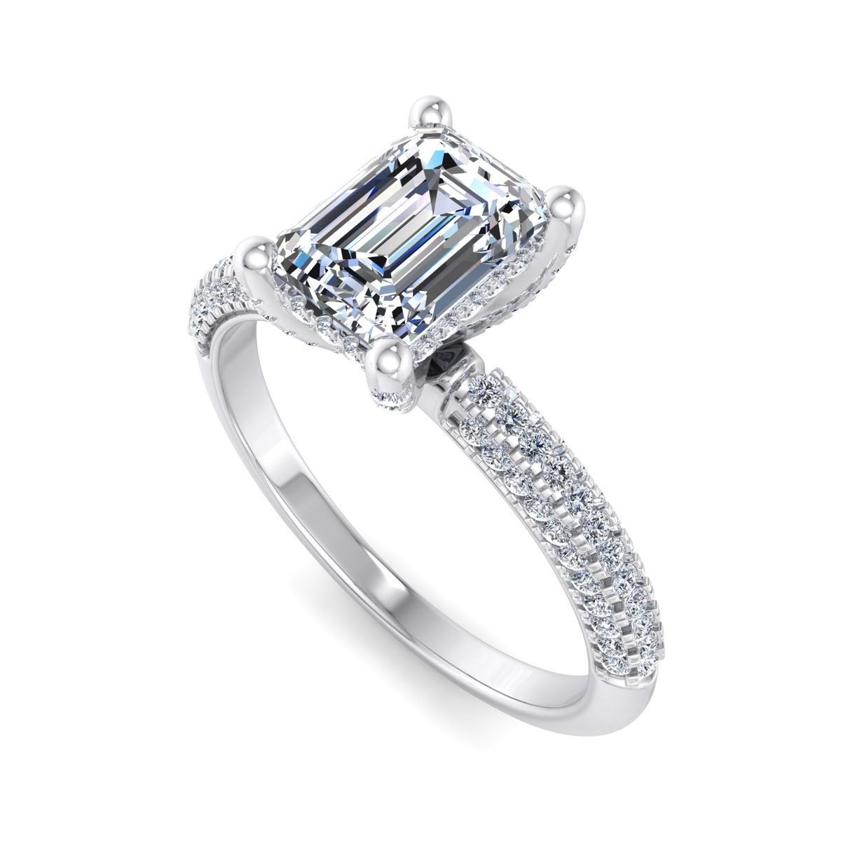 Tavrenne Triple Pave Hidden Halo Engagement Ring in white gold with an emerald center stone, 3D view