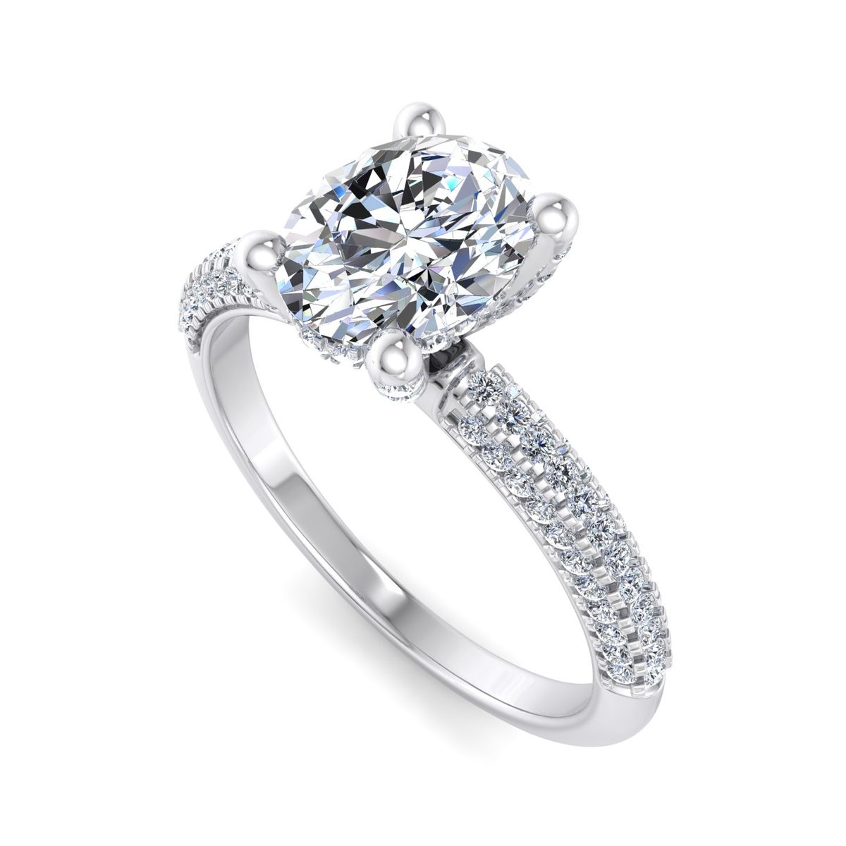 Tavrenne Triple Pave Hidden Halo Engagement Ring in white gold with an oval center stone, 3D view