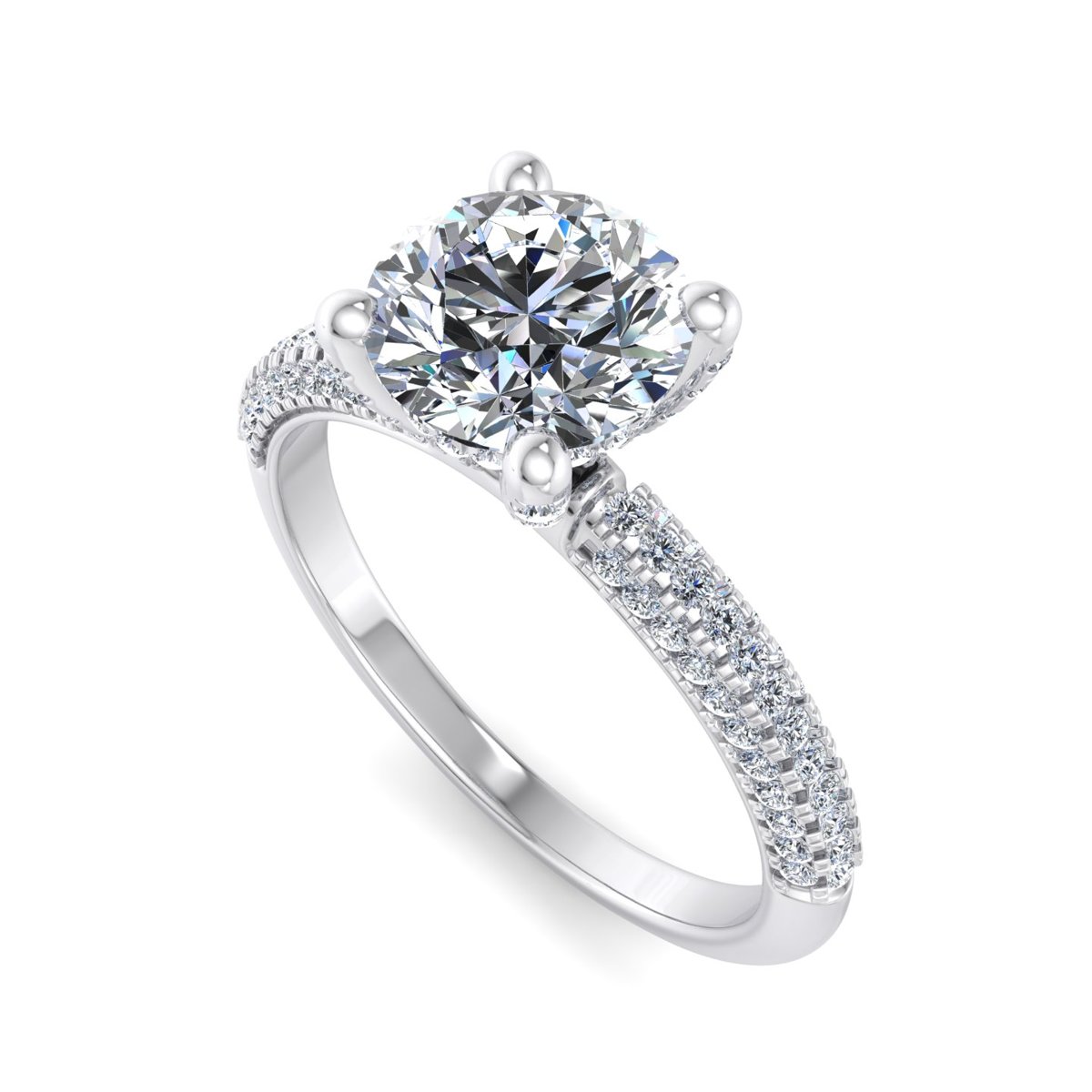 Tavrenne Triple Pave Hidden Halo Engagement Ring in white gold with a round center stone, 3D view