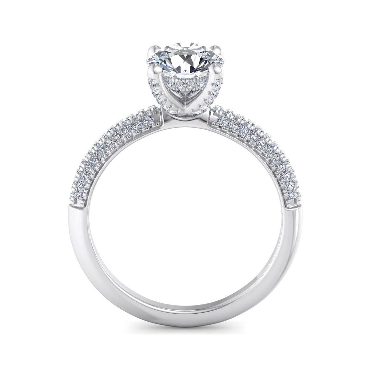 Tavrenne Triple Pave Hidden Halo Engagement Ring in white gold with a round center stone, front view