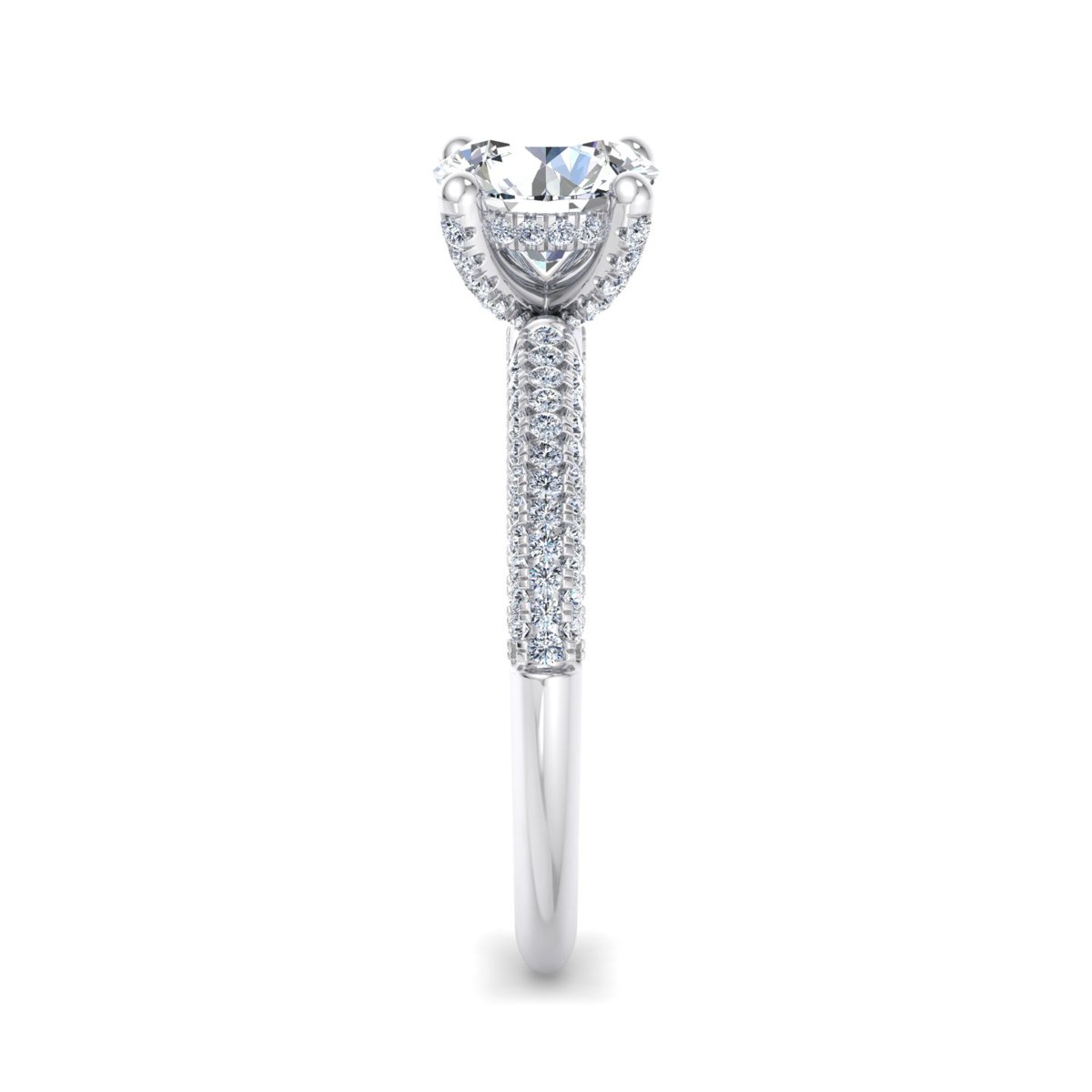 Tavrenne Triple Pave Hidden Halo Engagement Ring in white gold with a round center stone, side view