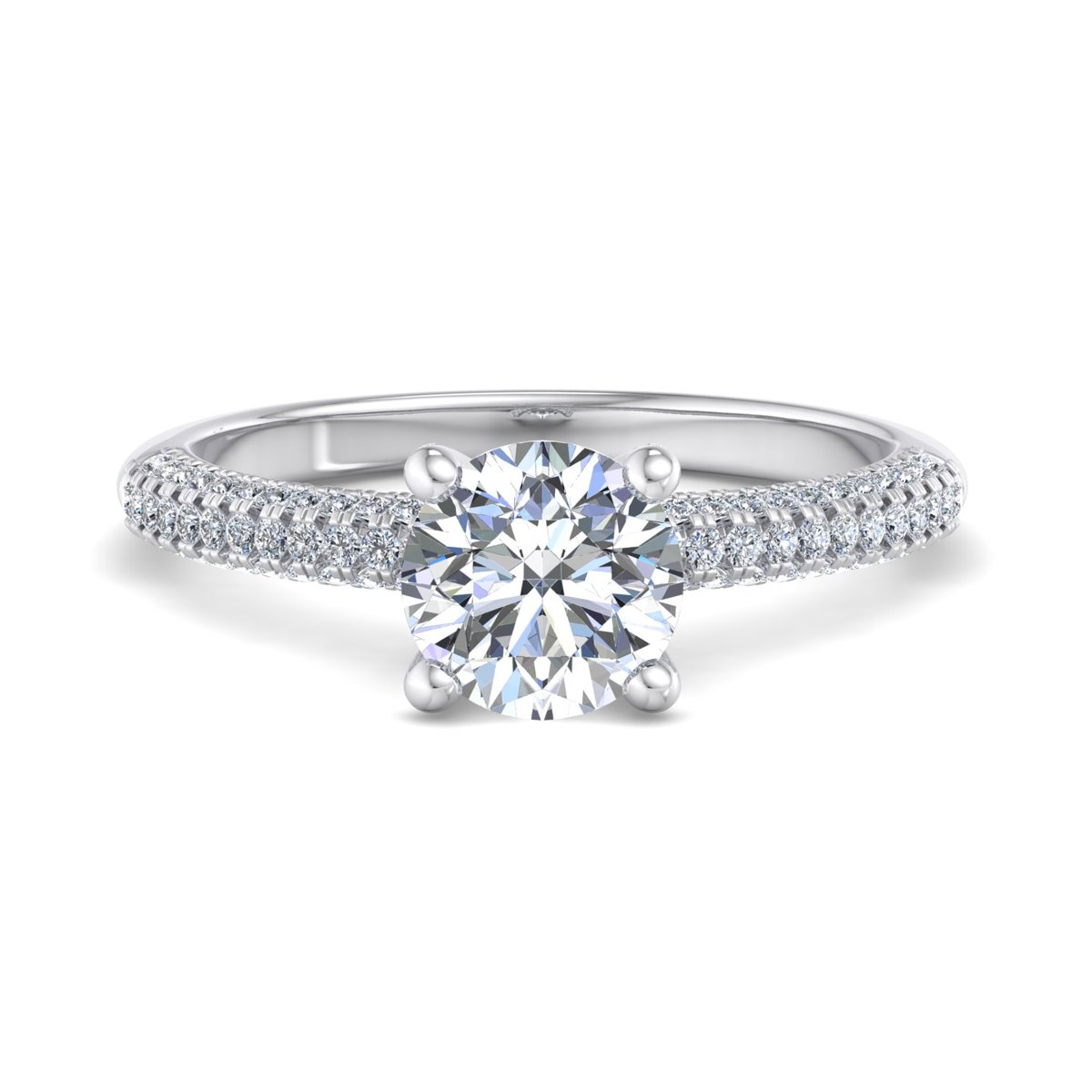 Tavrenne Triple Pave Hidden Halo Engagement Ring in white gold with a round center stone, top view