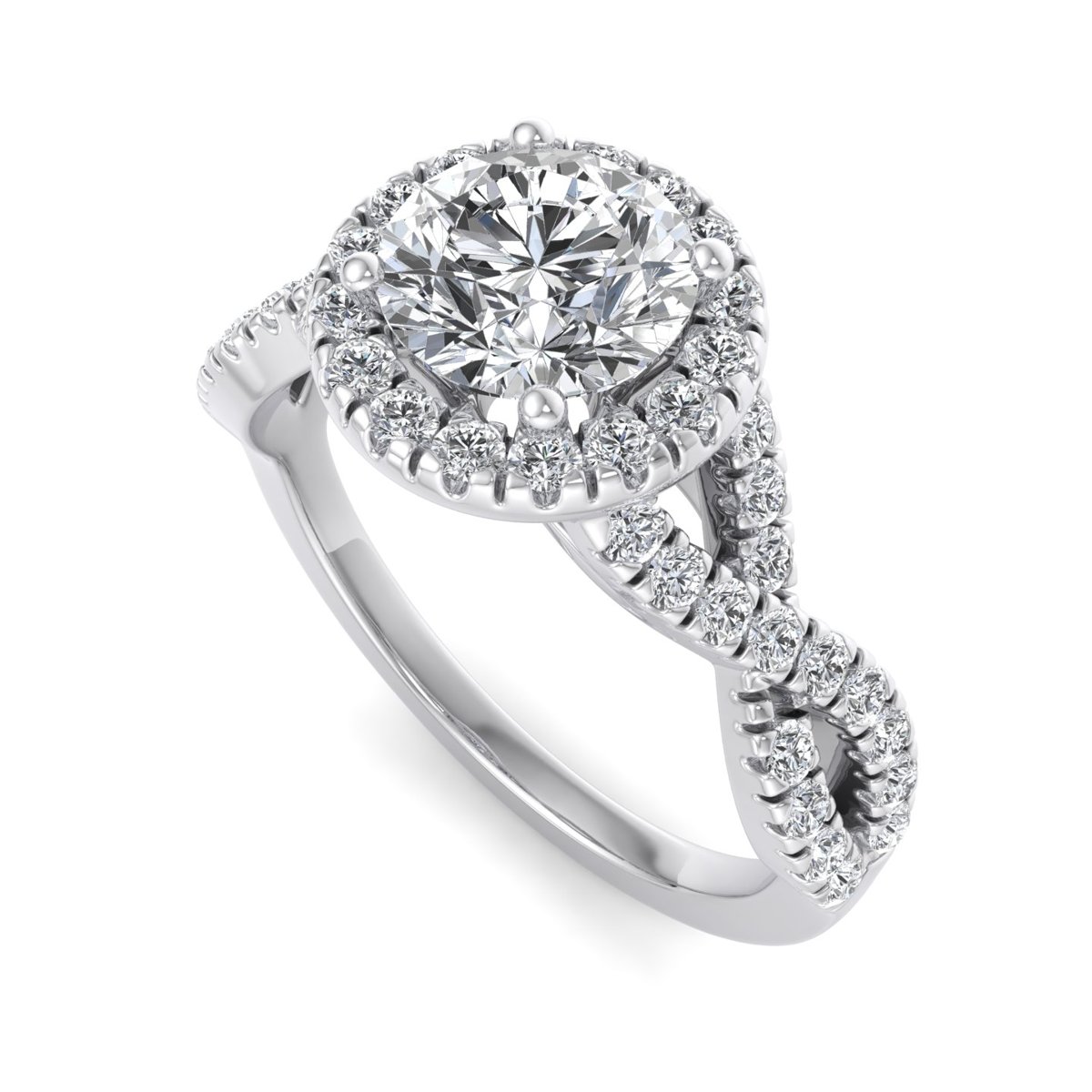 Brisenne Twisted Halo Engagement Ring in white gold with a round center stone, 3D view