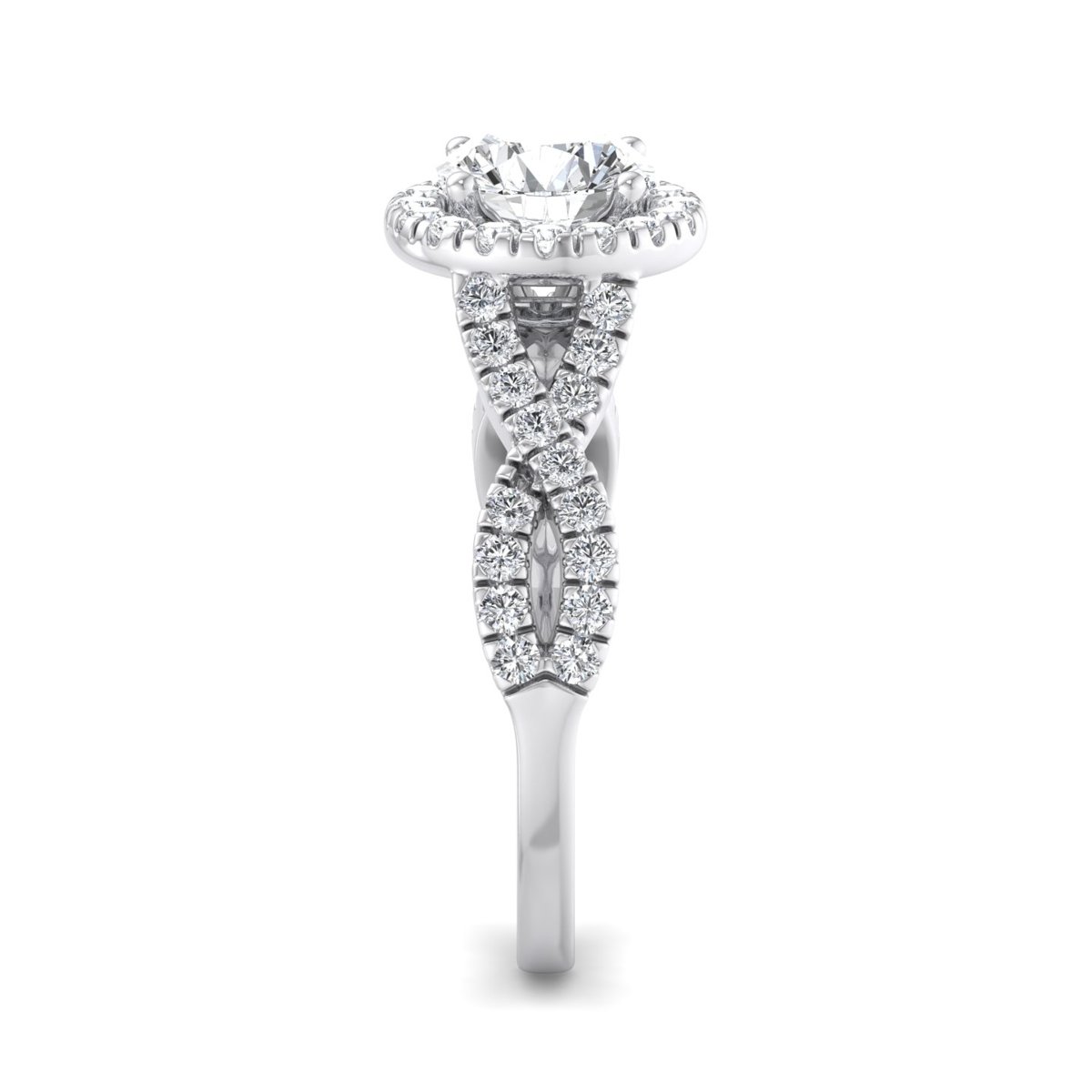 Brisenne Twisted Halo Engagement Ring in white gold with a round center stone, side view
