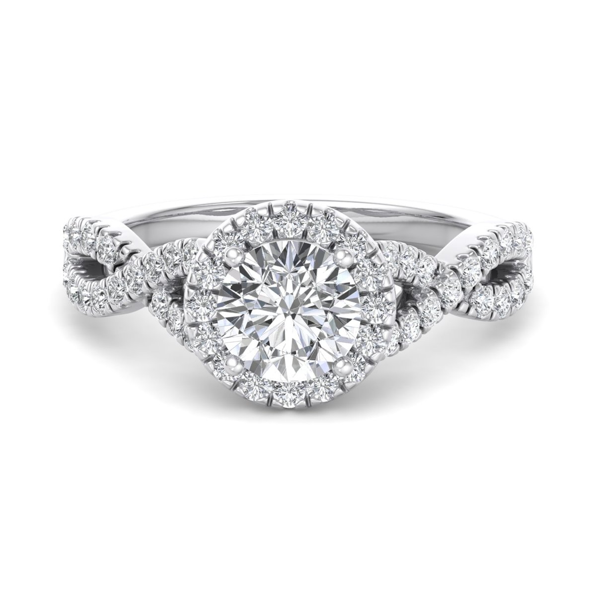 Brisenne Twisted Halo Engagement Ring in white gold with a round center stone, top view